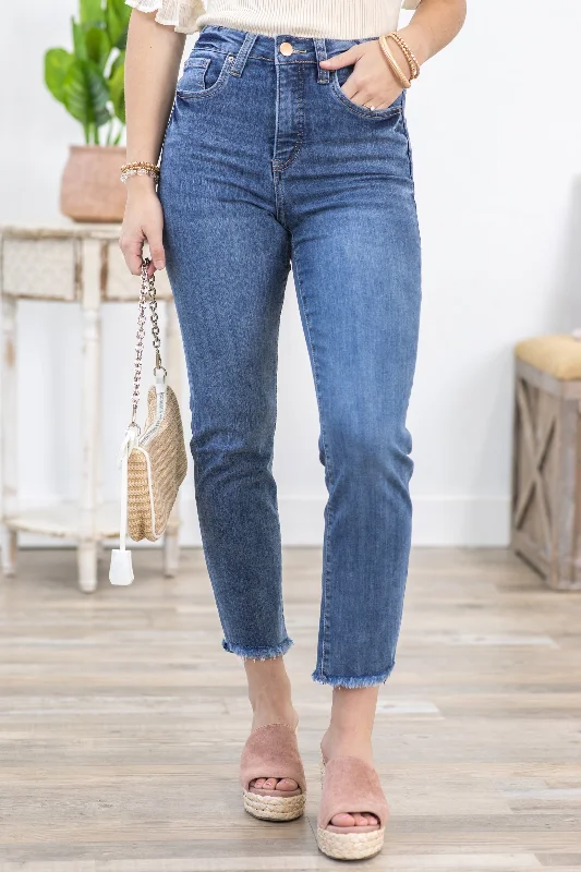 Vintage wash straight jeans for retro cool -RFM Tummy Support Fray Hem Slim Straight Jeans