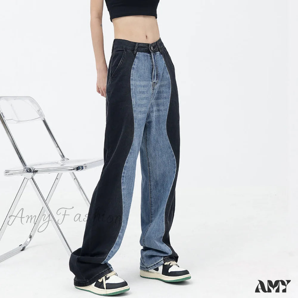 Heavy-duty ripstop pants for extreme hiking durability -Amy Fashion - Vintage Patchwork Straight Wide Leg Jeans