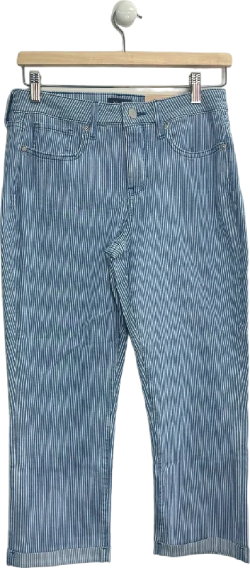 Trendy straight jeans with rolled cuff style -NYDJ Blue Pinstripe Chloe Crop  Jeans Size UK 14