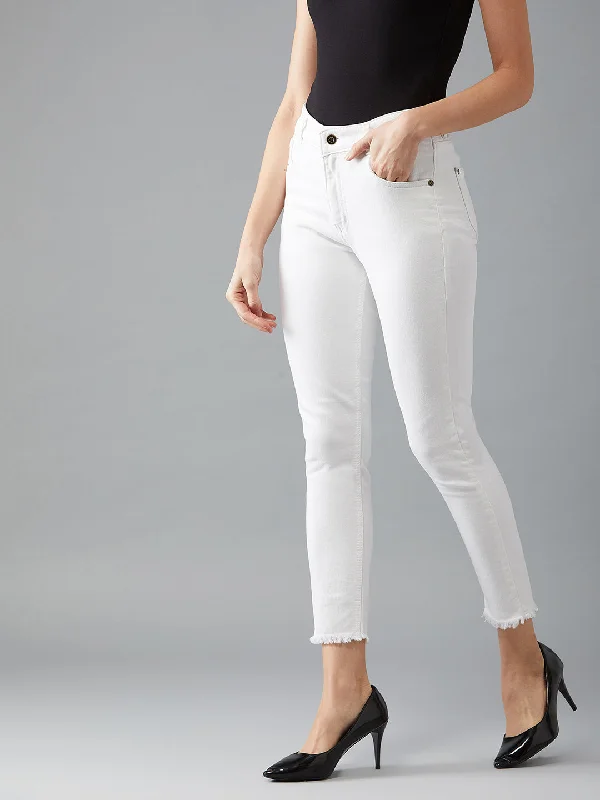 Mini Shorts Jeans for Youthful -Women's White Skinny Mid Rise Bleached Clean Look Cropped Stretchable Denim Jeans