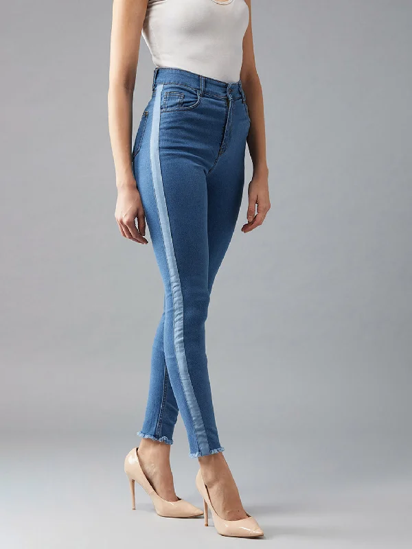 High-end Jeans for Exclusivity -Women's Blue Skinny High Rise Clean Look Fringe And Silky Denim Tape Detailing Cropped Denim Jeans