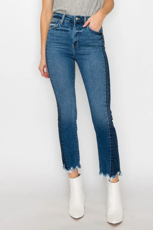 Metal Button Jeans for Classic -HIGH RISE SLIM STRAIGHT JEANS