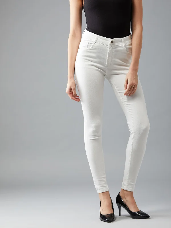 Khaki Jeans for Different -Women's White Skinny Mid Rise Clean Look Bleached Regular Length Stretchable Denim Jeans