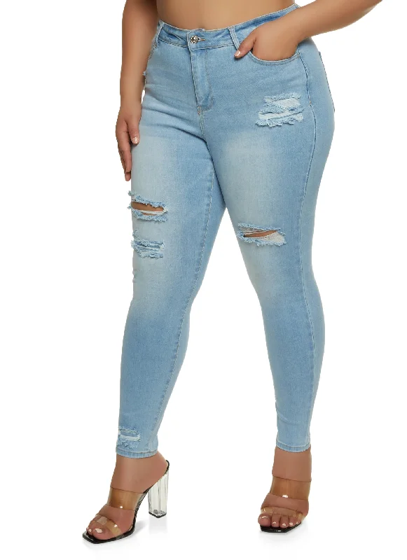 Mother's Day Jeans for Gift -Plus Size WAX Distressed High Waist Skinny Jeans