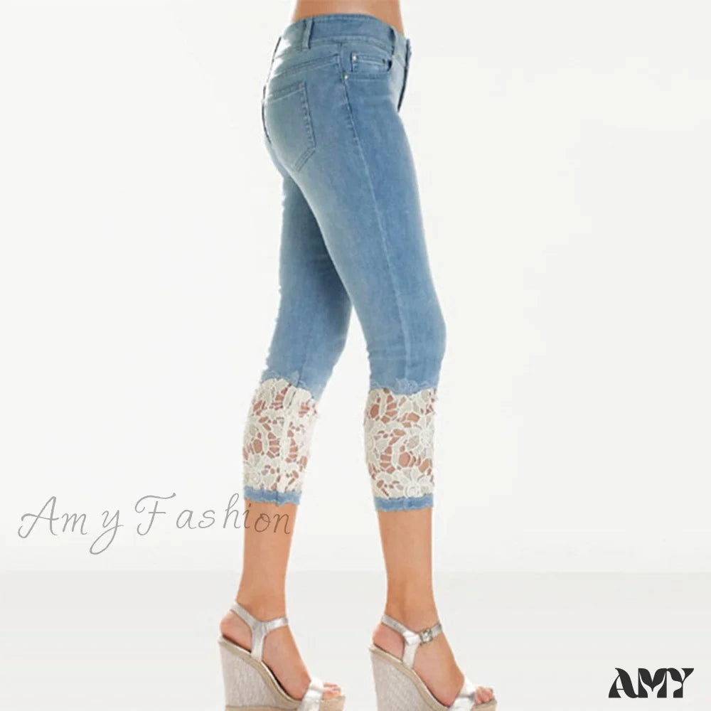 Vintage high-waisted pants for nostalgic wardrobe charm -Amy Fashion - Skinny Cropped Jeggings Denim Pants Stretch 3/4 Trousers