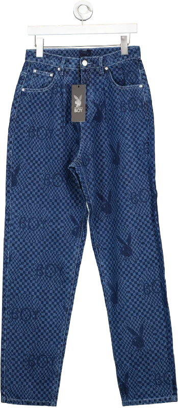 Lightweight straight jeans with breathable denim weave -BOY LONDON Blue X Playboy Checkerboard Denim UK M