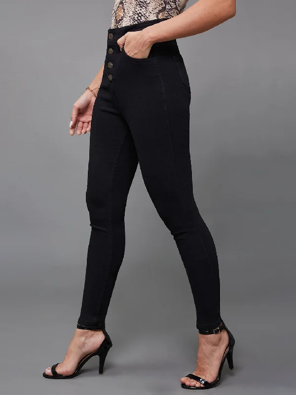 Wrap Skirt Jeans for Versatile -Women's Black Skinny Fit High Rise Clean Look Regular Stretchable Denim Jeans