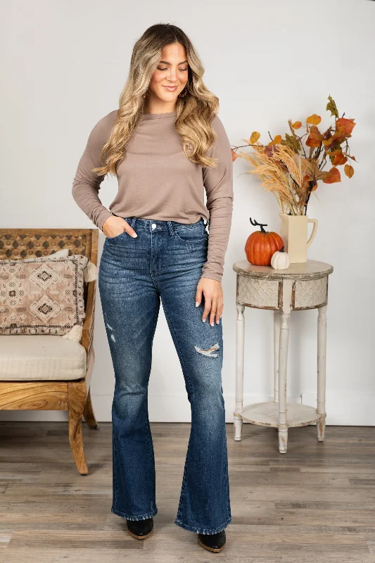 Modern straight jeans with subtle fade effects -Judy Blue Dark Contrast Distress Flare Jeans