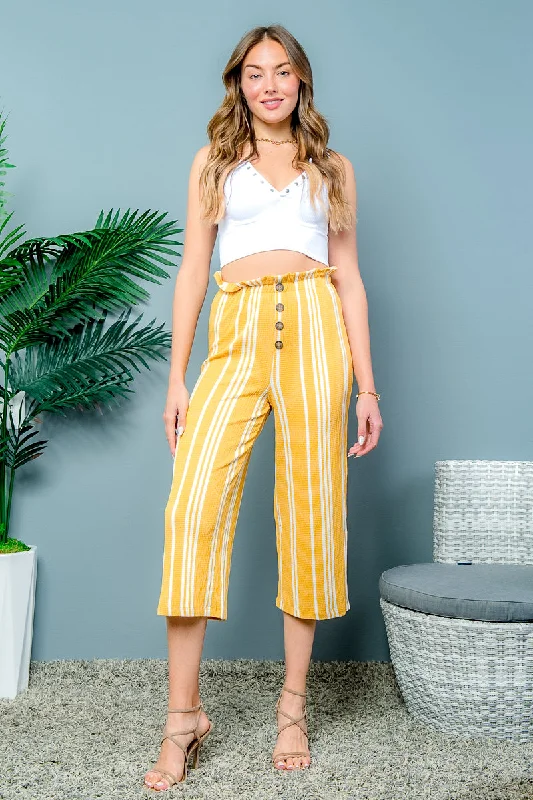 Casual faded straight jeans for weekend vibes -White Striped Cropped Pants with Ruffle Waistband and 4 Button Decor at Center Front in Mustard (6472PY)