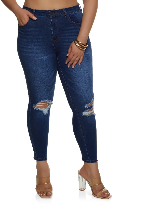 Travel Jeans for On-the-go -Plus Size WAX Ripped Knee Distressed Jeans