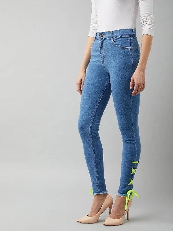 Khaki Jeans for Different -Women's Blue Cotton Skinny Fit High Rise Stretchable Denim Jeans