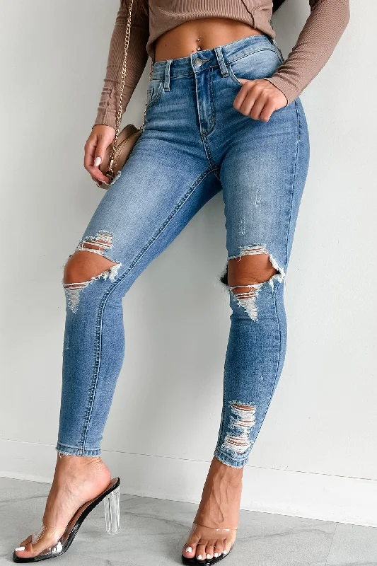 Distressed Jeans for Edgy Style -Denver Mid-Rise Distressed Skinny Jeans (Medium Denim)