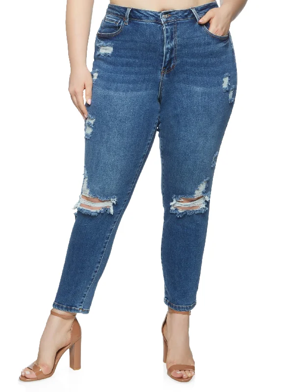 Jean Skirts for Feminine -Plus Size WAX Ripped Knee Skinny Jeans