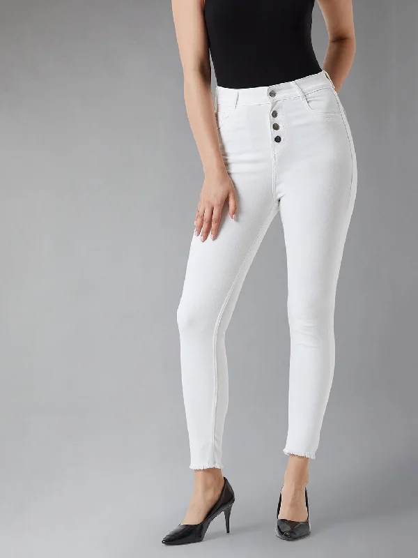 Slim Boyfriend Jeans for Hybrid -Women's White Skinny Fit High Rise Cropped Raw Edge Detailing Stretchable Denim Jeans