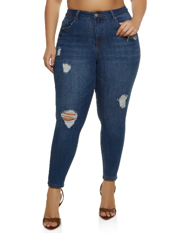 Back Pocket Jeans for Design -Plus Size WAX Distressed Stretch Skinny Jeans