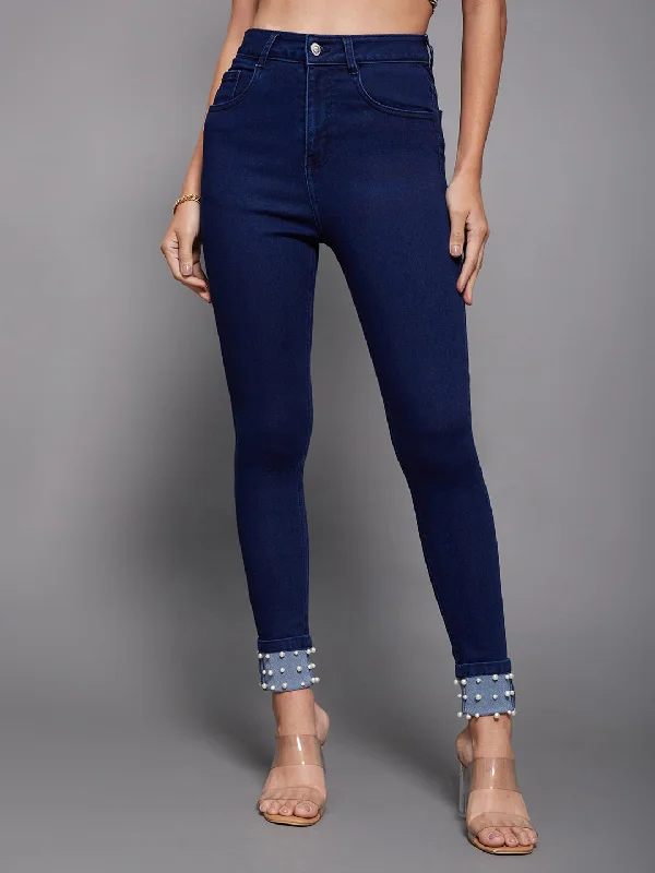 Affordable Jeans for Budget -Women's Navy Blue Skinny Fit High Rise Regular Length Pearl Embellished On The Hem Denim Stretchable Jeans