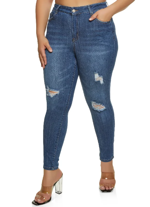 Outdoor Jeans for Adventures -Plus Size WAX Distressed Whiskered High Waisted Skinny Jeans