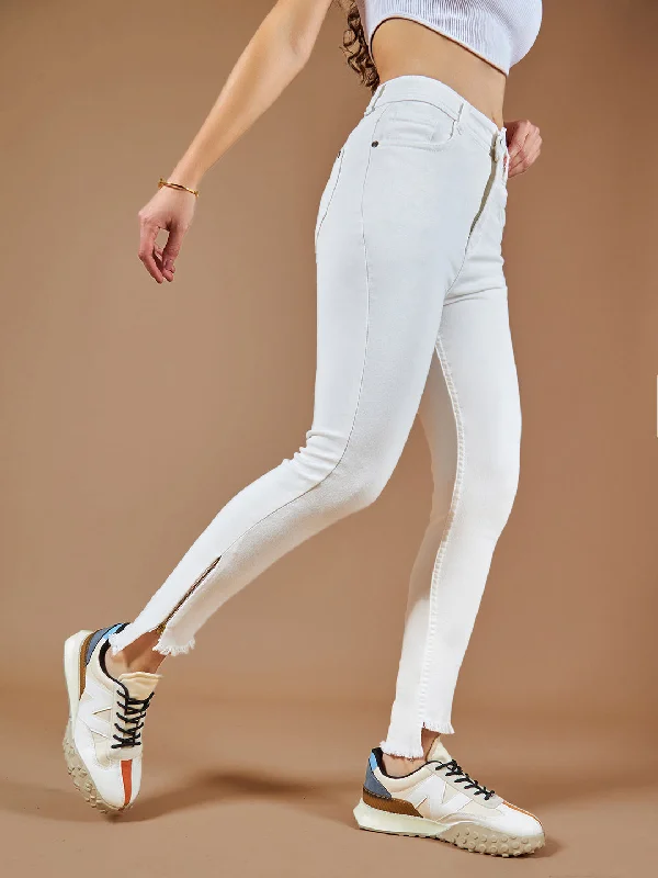 Tapered Jeans for Modern -CHASEstretch™ Women's White Skinny Fit High Rise Side Slit Raw Edge Detailing Cropped Denim Jeans