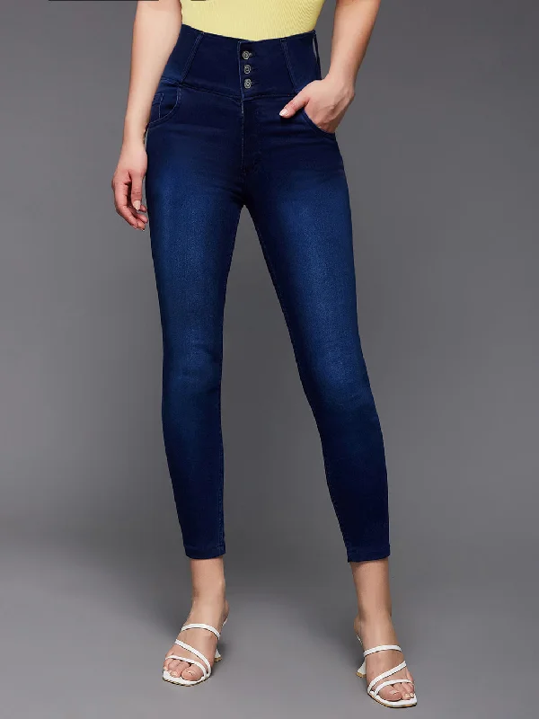 Wide Leg Jeans for Comfort -Women's Navy Blue Skinny Fit High Rise Clean Look Cropped Length Stretchable High Waist Denim Jeans