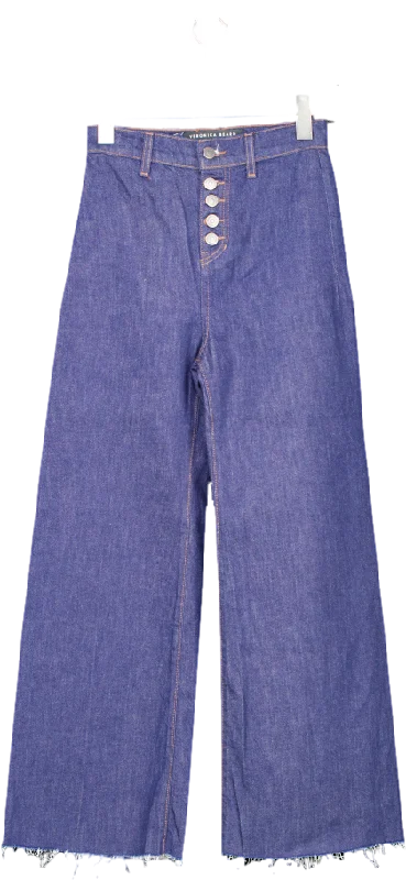 Affordable black straight jeans for wardrobe basics -Veronica Beard Blue Grant Indigo Wide Leg Raw Hem Jeans W23