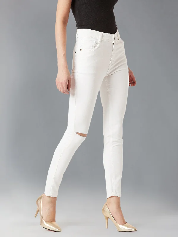 Casual Friday Jeans for Relaxed -Women's White Skinny High Rise Clean Look Knee Slit Bleached Regular Length Stretchable Denim Jeans