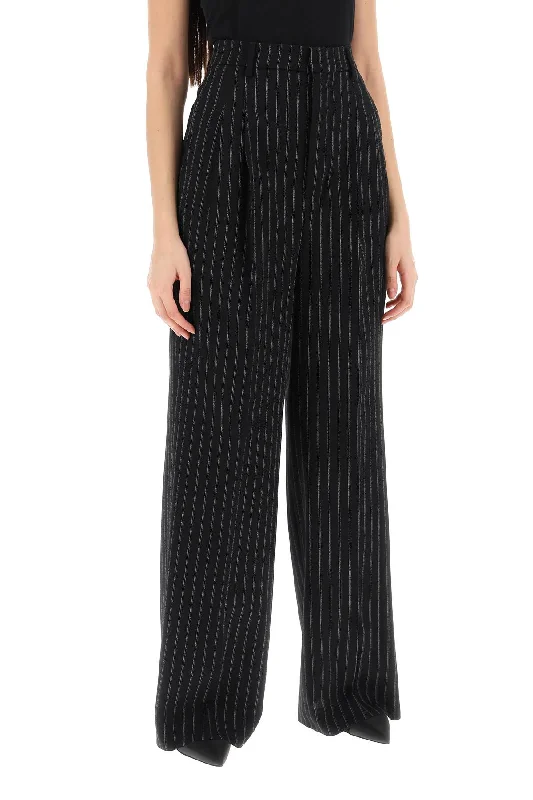 Luxury silk pants for glamorous evening wear -wide-legged pinstripe trousers with