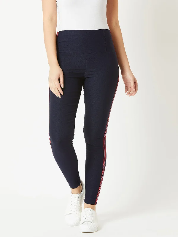 Black Jeans for Formal Look -Women's Navy Blue Solid Knitted Skinny Multicolored Twill Tape Detailing Regular Length High Waist Jeggings