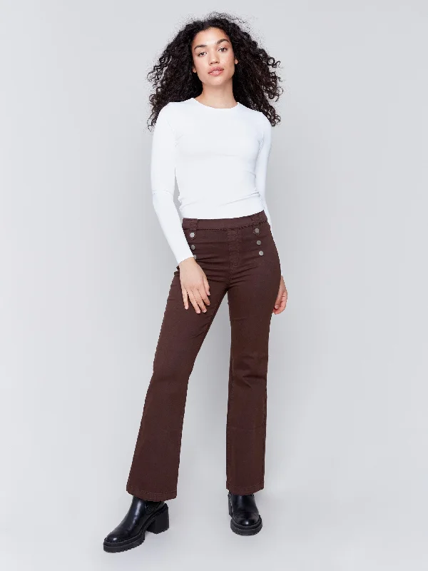 Casual khaki pants for weekend errand runs -Pull-On Flare Twill Pants with Front Buttons - Mocha