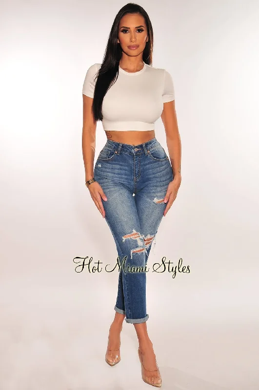 Sustainable Jeans for Eco -Dark Denim High Waist Ripped Knee Relaxed Skinny Jeans