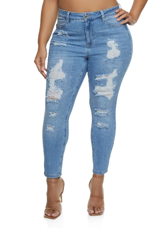 Acid Wash Jeans for Vintage -Plus Size WAX Distressed Skinny Leg Jeans