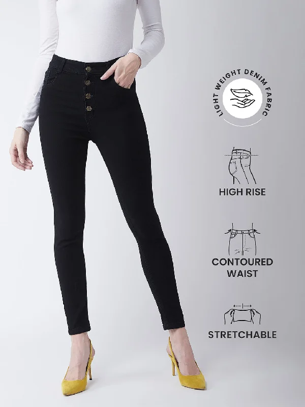 Four Pocket Jeans for Simplicity -Women's Black Skinny Fit High Rise Clean Look Regular Length Stretchable Denim Jeans