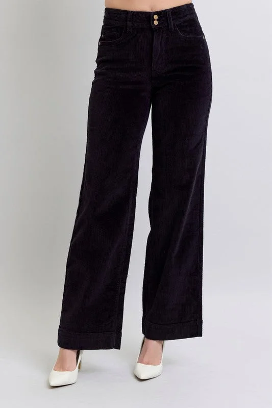 High-rise flare pants for vintage chic appeal -Judy Blue Black High Rise Corduroy Trousers