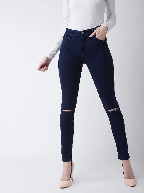 White Jeans for Fresh Look -Women's Navy Blue Skinny Fit High Rise Regular Length Clean Look Knee Slit Denim Stretchable Jeans