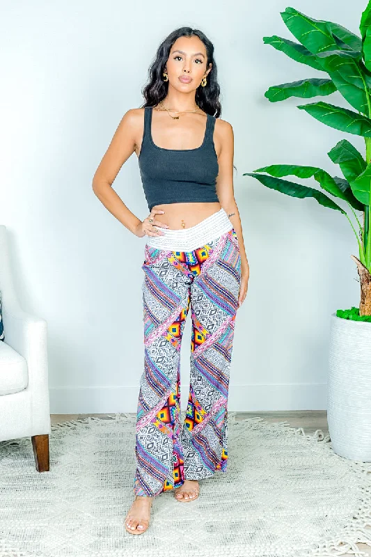 Affordable black straight jeans for wardrobe basics -Boho Beauty Multi Color Asymmetrical Stripe Flare Pants (V220W-A085P)