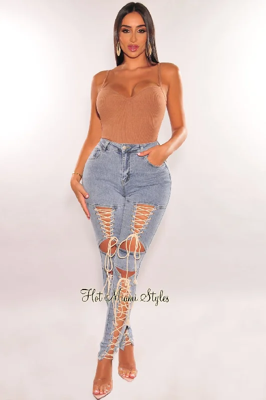 Skinny Jeans for Slim Fit -Denim Wash High Waist Lace Up Skinny Jeans