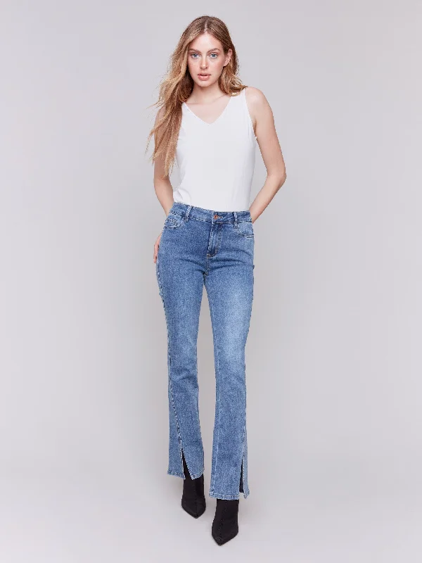 Stylish cropped pants for warm season trends -Bootcut Jeans with Front Slits - Medium Blue