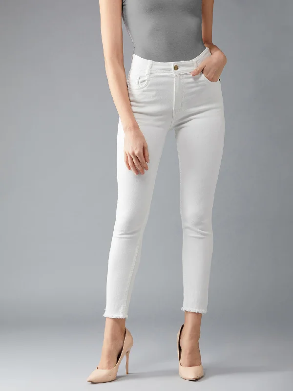 Mom Jeans for Vintage Appeal -Women's White Skinny High Rise Clean Look Bleached Cropped Stretchable Denim Jeans