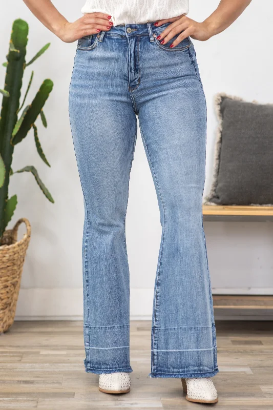 Classic blue straight jeans with sturdy fabric -Judy Blue Tummy Control Raw Hem Flare Jeans