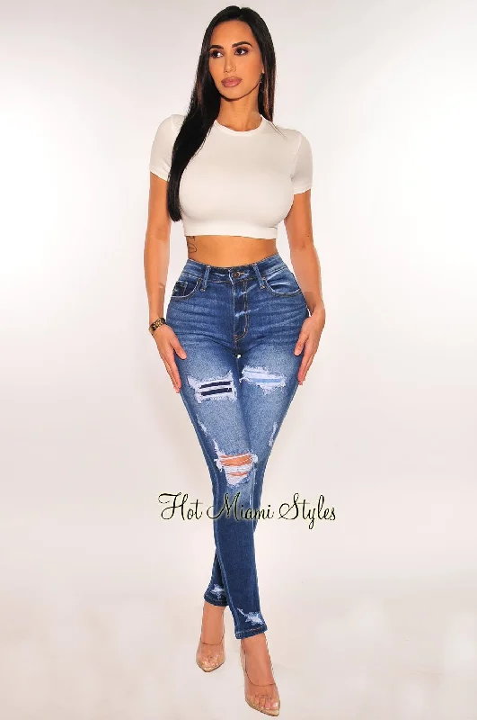 Designer Jeans for Luxury -Dark Denim High Rise Skinny Ankle Ripped Jeans