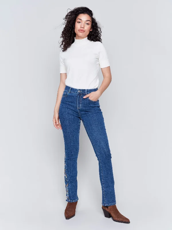 Luxury silk pants for glamorous evening wear -Bootcut Jeans with Floral Embroidery - Indigo