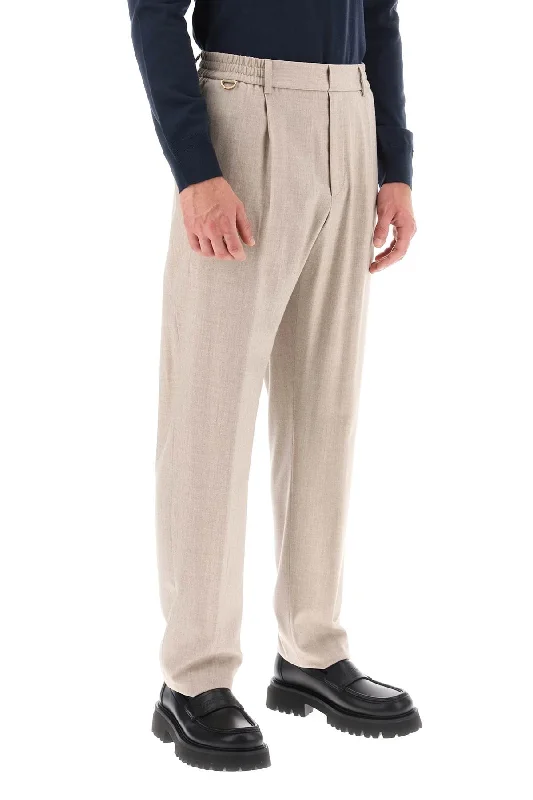 Relaxed chino pants for casual Friday offices -single pleat wool silk trousers