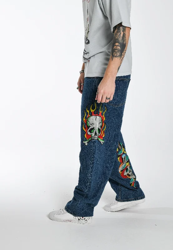 Elegant palazzo pants for formal party outfits -Mens Skull-Snake-Dagger Tattoo Graphic Denim Trousers Jeans - Indigo