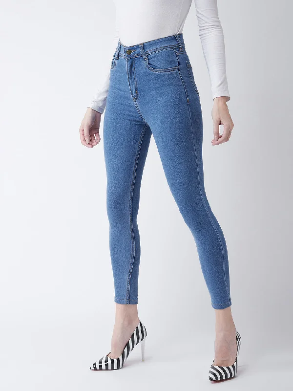 Embellished Back Pocket Jeans for Glamour -Women's Blue Skinny High-Rise Cropped Denim Jeans