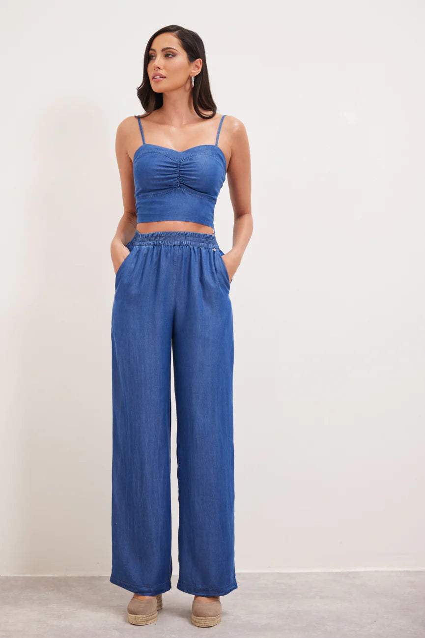 Durable denim pants for long-lasting everyday use -DEBBI WIDE LEG TROUSERS (DENIM BLUE)