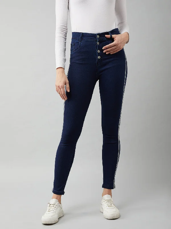 Tapered Jeans for Modern -Women's Navy Blue Cotton Skinny Fit Relaxed High Rise Regular Length Stretchable Denim Jeans