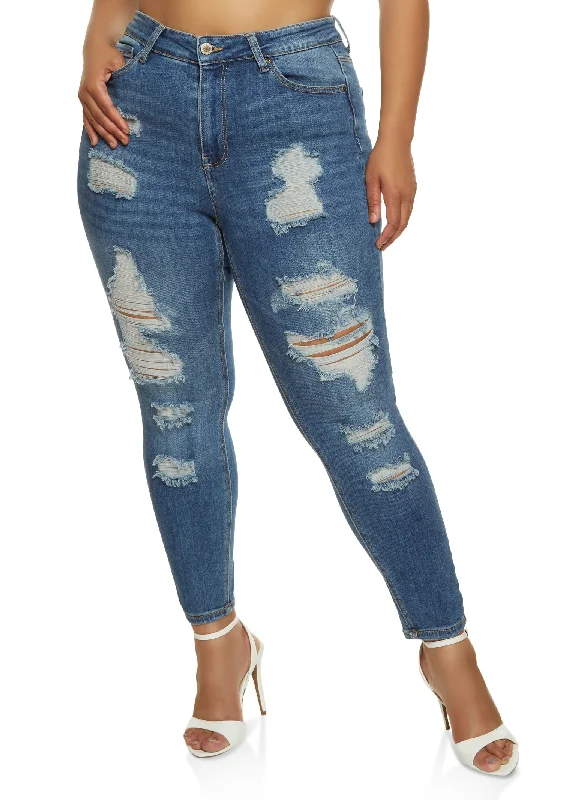 Stretch Jeans for Flexibility -Plus Size WAX Distressed Skinny Leg Jeans