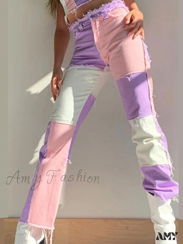 Luxury silk pants for glamorous evening wear -Amy Fashion - High Street Variegated Patchwork Jeans