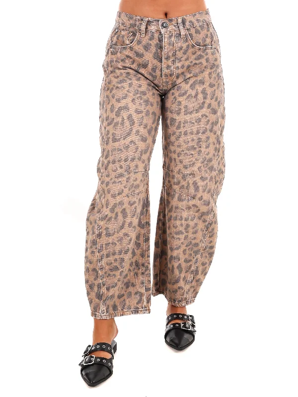 Affordable straight jeans for budget-friendly wardrobes -Free People Good Luck Printed Leopard Barrel Jeans