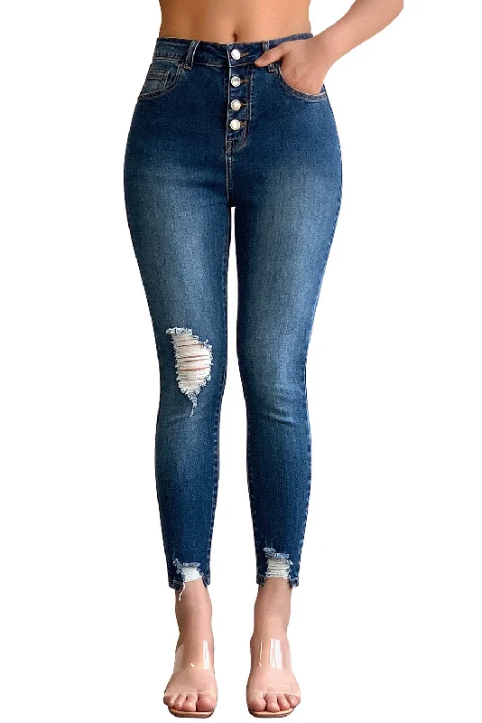 Camping Jeans for Wilderness -Blue Button Fly High Waist Ripped Skinny Fit Ankle Jeans