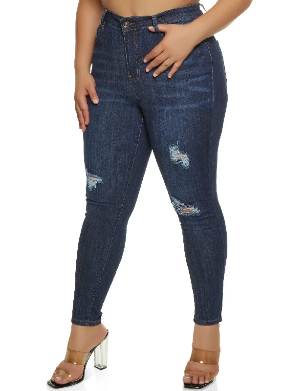 Camping Jeans for Wilderness -Plus Size WAX Distressed Whiskered High Waisted Skinny Jeans